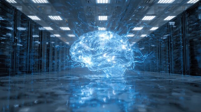 Futuristic digital brain in a server room, representing advanced artificial intelligence and technology integration.