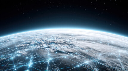 Naklejka premium Stunning view of Earth from space showcases network of glowing connections representing technology and data. This captures essence of global connectivity through advanced AI systems