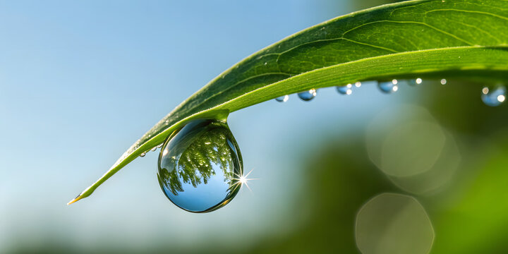 A macro shot captures a water droplet hanging from a vibrant green leaf, reflecting the surrounding trees and sky, symbolizing natures beauty and purity
