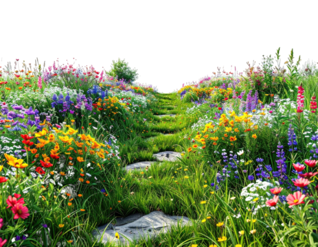 Stone steps ascend through a vibrant flower meadow, a path to the sky