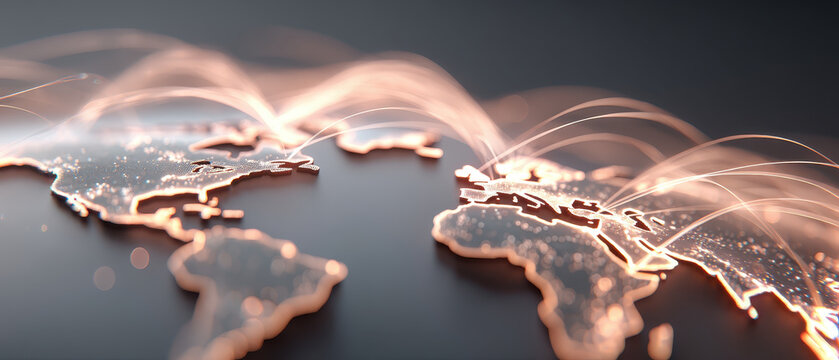 Stunning representation of global connectivity showcasing world map illuminated by data streams. This symbolizes integration of technology and AI in enhancing data connections across continents