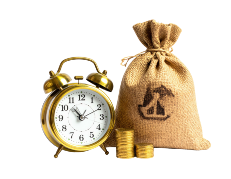 A golden alarm clock, money stacks, and a burlap sack with a symbol on black