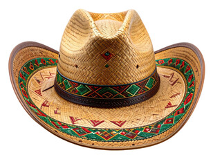 A decorative straw hat, featuring intricate geometric patterns, set against black