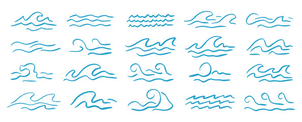 Collection of varied hand drawn ocean waves in a simple, doodle sketch style. Hawaiian curl swirl design elements.