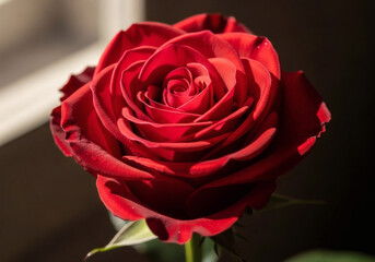 Fototapeta premium Beautiful Red Rose Bud Opening in Soft Indoor Light.
