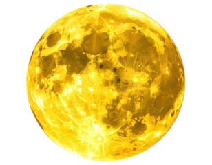 A detailed close-up of a glowing, golden celestial sphere with cratered surface