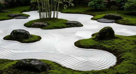 A tranquil Japanese Zen garden featuring raked gravel, moss-covered rocks, and lush greenery creating a peaceful outdoor space for relaxation and meditation