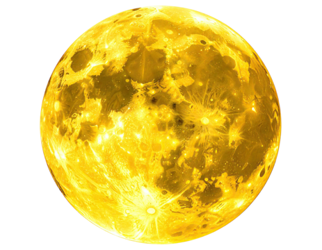 A detailed close-up of a glowing, golden celestial sphere with cratered surface