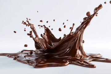 Fototapeta premium Dynamic chocolate liquid splashes with droplets suspended in the air on a clean light background
