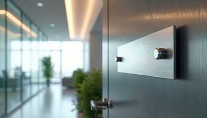 Modern office hallway with glass walls, plants and empty name plate on door. Sleek interior design provides space for company identity and branding, modern business entry.