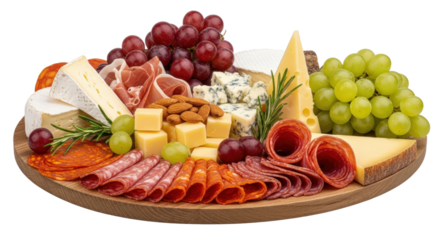 Gourmet Charcuterie Board With Assorted Cheeses Cured Meats And Grapes isolated on Transparent Background