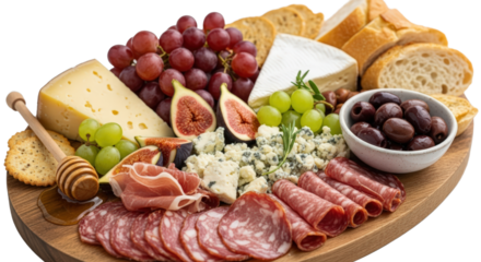 Gourmet Charcuterie Board With Assorted Cheeses Cured Meats Fruits And Crackers isolated on Transparent Background