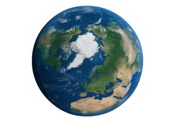 Earth planet showing europe, asia, africa, and arctic ice cap with visible clouds on transparent background