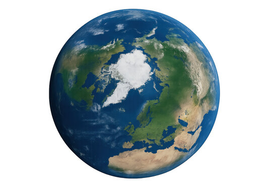 Earth planet showing europe, asia, africa, and arctic ice cap with visible clouds on transparent background