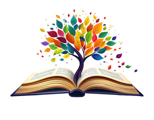 An open book sprouting a vibrant tree of colorful leaves against a black backdrop