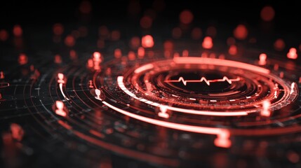 Futuristic digital interface featuring glowing red circles and data patterns on a dark background, symbolizing connectivity.