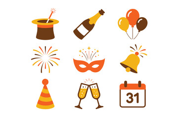 Outline color icons for New Year celebration, illustrating champagne, calendar, mask, representing festive atmosphere and party,