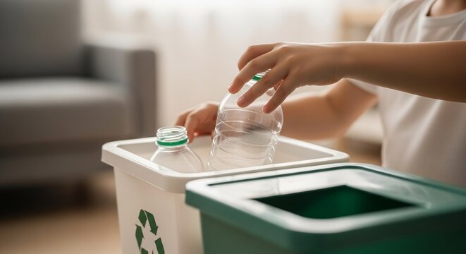 Close-up of hands conscientiously placing a plastic bottle into a home recycling bin, advocating for environmental responsibility and sustainable waste management