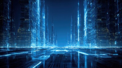 Futuristic digital landscape with glowing blue structures representing advanced technology and innovation.