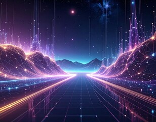 Futuristic landscape with glowing lines, stars, and mountains