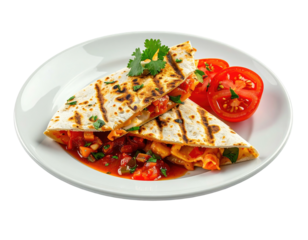 A plate of grilled quesadillas with salsa and halved tomatoes, garnished with herbs