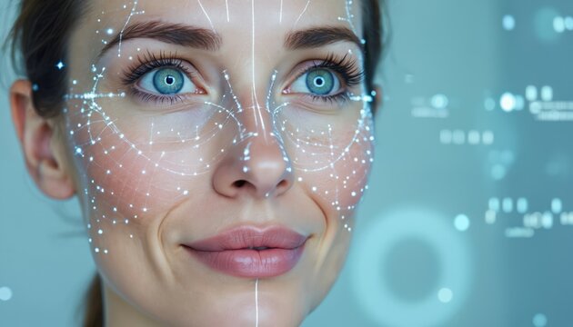 Close up photo shows woman face with futuristic facial recognition tech overlay. Tech analyzes face for beauty recommendations. Female portrait displays beauty innovation through AI software.