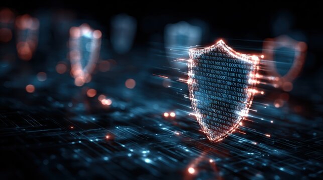 Futuristic digital shield symbol representing cybersecurity and data protection in a virtual environment. - Powered by Adobe