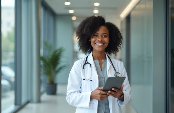 Smiling black female doctor holds tablet in modern clinic hallway. Healthcare professional uses tech device for patient care, networking, and medical innovation. Young woman looks happy while working.
