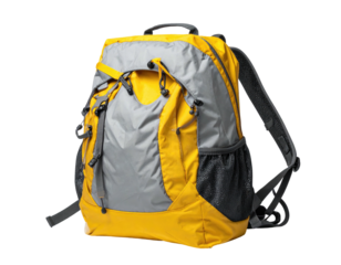 Yellow and gray backpack with multiple pockets, straps, and a handle