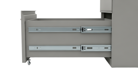 Gray Metal Drawer Slides On Open Gray Cabinet With Wheels isolated on Transparent Background