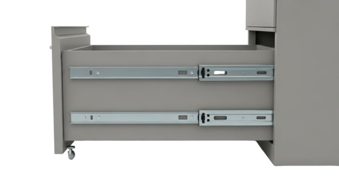 Gray Metal Drawer Slides On Open Gray Cabinet With Wheels isolated on Transparent Background