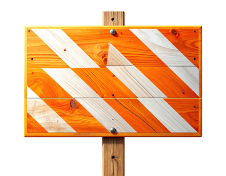 Wooden road sign with orange and white diagonal stripes, mounted on a post