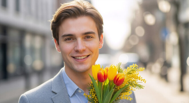A man in a business jacket holds a bright bouquet of yellow and red tulips with mimosa against a city background in soft daylight