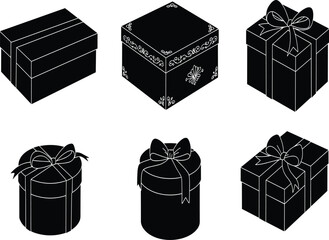 Set of gift box silhouettes with ribbons, black present icons, festive celebration design elements, holiday packaging vector art illustration