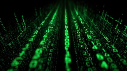 Futuristic green binary code streams visually represent data flow and digital innovation in technology.