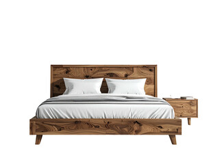 Wooden bed with crisp white bedding and a small nightstand. Neutral tones