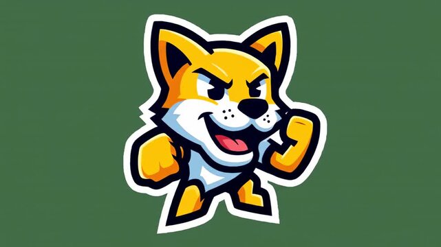 Cartoon fox mascot stands against green background with a determined expression and raised fist