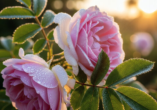 Dewy Pink Roses Glistening in Golden Hour Backlight.