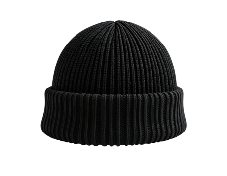 A close-up studio shot of a black, ribbed-knit beanie hat with a folded brim