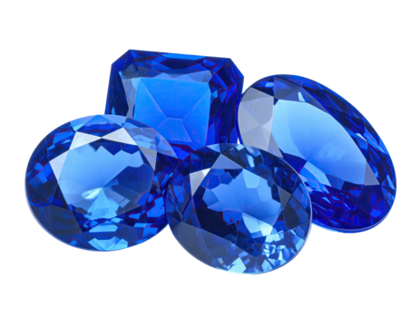 Group of faceted, vibrant, blue gems sparkle with reflections against black