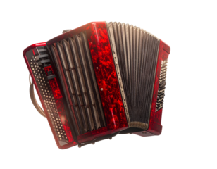 Floating Red Accordion – Artistic Music Concept PNG