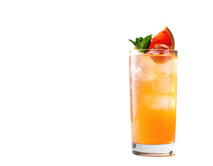 Tall cocktail in a glass, with ice, a grapefruit slice, and mint sprig garnish