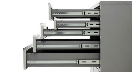 Gray Metal Filing Cabinet With Multiple Open Drawers isolated on Transparent Background