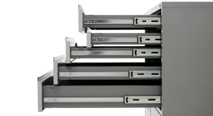 Gray Metal Filing Cabinet With Multiple Open Drawers isolated on Transparent Background