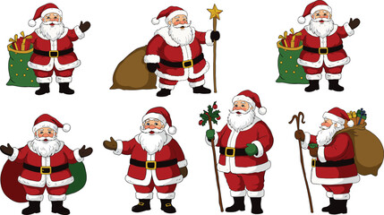 Colorful Santa Claus cartoon vector collection with gifts and bags, festive Christmas illustration, joyful holiday season character design artwork