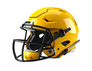 Shiny gold football helmet, black face mask, isolated on a dark background
