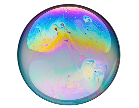 A close-up of a transparent bubble with iridescent colors against a black background
