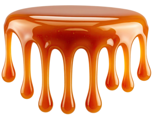 Isolated, glossy, golden brown, caramel-like, dripping liquid against a black background