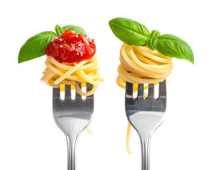 Two forks hold spaghetti, one with sauce and basil, other with basil only