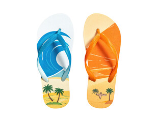 Pair of flip-flops with beach scene graphics, bright colors, and a black background